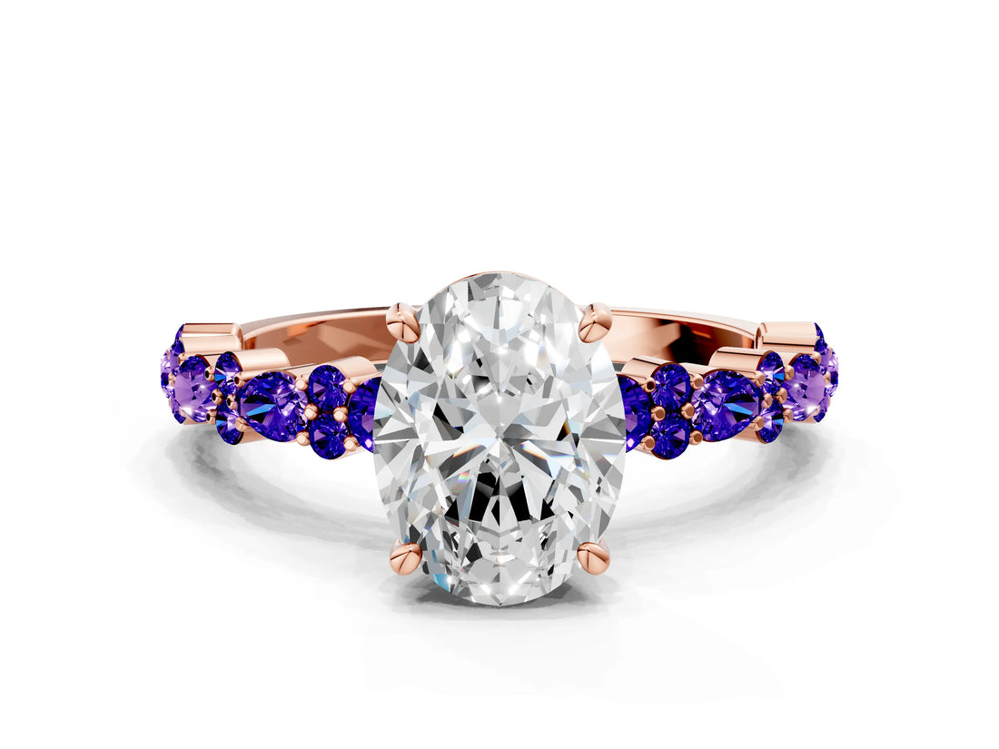 Rose gold Oval Cut Diamond Side Stone Solitaire Ring with Round with Tanzanite side stone and Four-Prong Setting