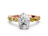 Rose gold Oval Cut Diamond Side Stone Solitaire Ring with Round with Yellow Sapphire side stone and Four-Prong Setting