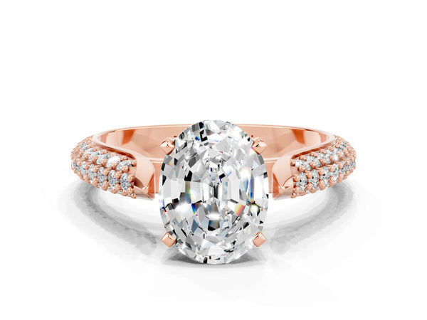 Rose gold Oval Cut Moissanite Solitaire Engagement Ring with Multi-Row Round Pavé Band and Prong Setting