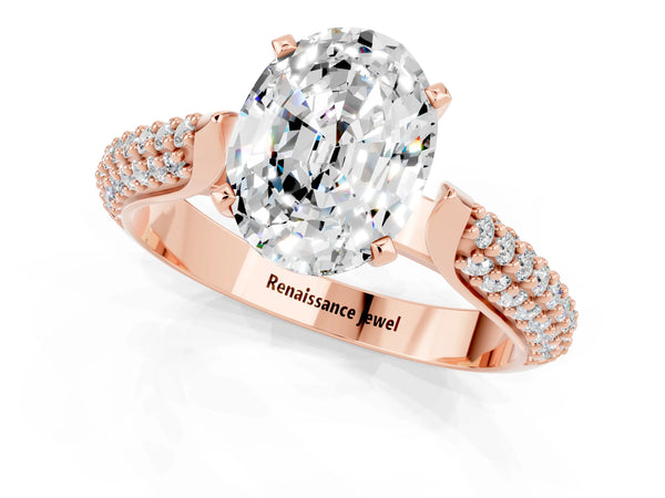 Rose gold Oval Cut Moissanite Solitaire Engagement Ring with Multi-Row Round Pavé Band and Prong Setting