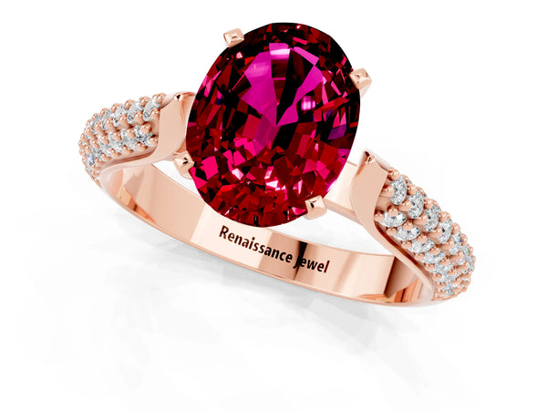 Rose gold Oval Cut Garnet Solitaire Engagement Ring with Multi-Row Round Pavé Band and Prong Setting