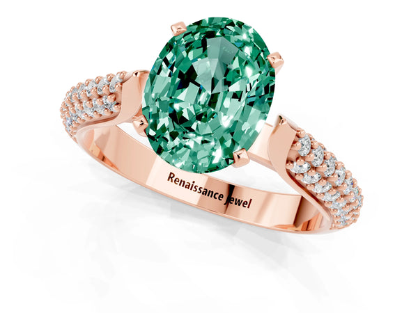 Rose gold Oval Cut Green Sapphire Solitaire Engagement Ring with Multi-Row Round Pavé Band and Prong Setting
