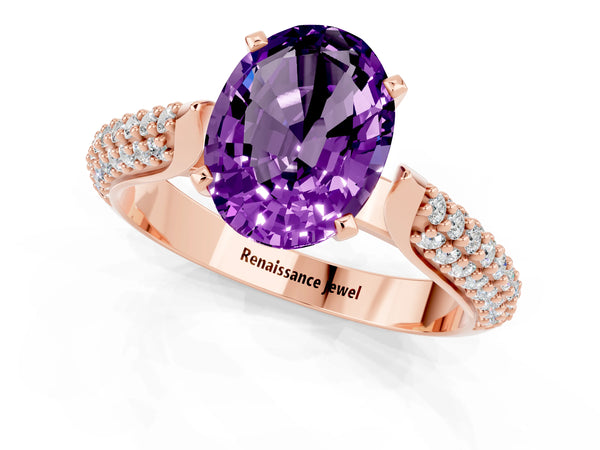 Rose gold Oval Cut Amethyst Solitaire Engagement Ring with Multi-Row Round Pavé Band and Prong Setting