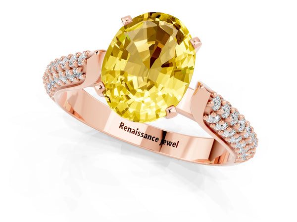 Rose gold Oval Cut Yellow Sapphire Solitaire Engagement Ring with Multi-Row Round Pavé Band and Prong Setting