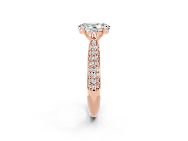 Rose gold Oval Cut Moissanite Solitaire Engagement Ring with Multi-Row Round Pavé Band and Prong Setting