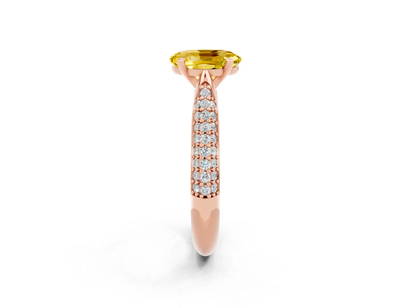 Rose gold Oval Cut Yellow Sapphire Solitaire Engagement Ring with Multi-Row Round Pavé Band and Prong Setting