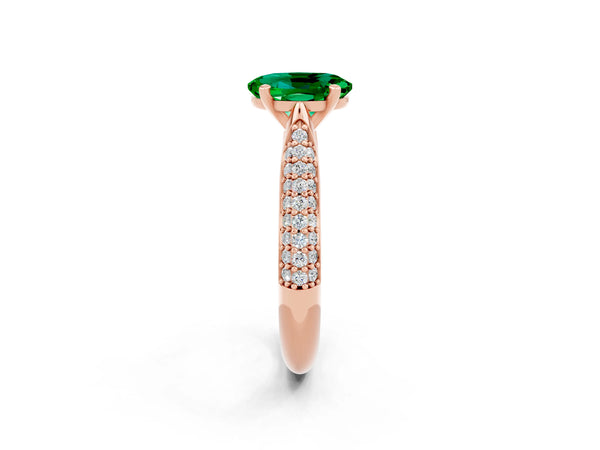 Rose gold Oval Cut Emerald Solitaire Engagement Ring with Multi-Row Round Pavé Band and Prong Setting