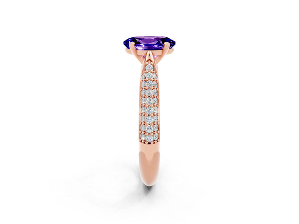 Rose gold Oval Cut Tanzanite Solitaire Engagement Ring with Multi-Row Round Pavé Band and Prong Setting
