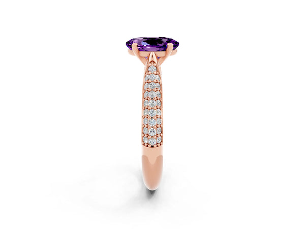 Rose gold Oval Cut Amethyst Solitaire Engagement Ring with Multi-Row Round Pavé Band and Prong Setting
