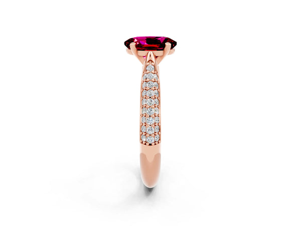 Rose gold Oval Cut Garnet Solitaire Engagement Ring with Multi-Row Round Pavé Band and Prong Setting