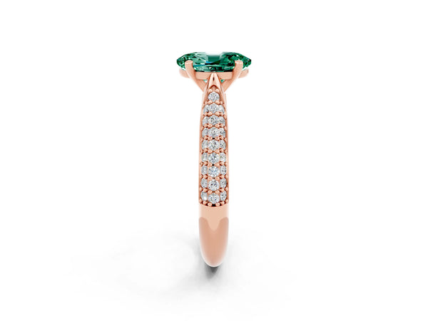 Rose gold Oval Cut Green Sapphire Solitaire Engagement Ring with Multi-Row Round Pavé Band and Prong Setting