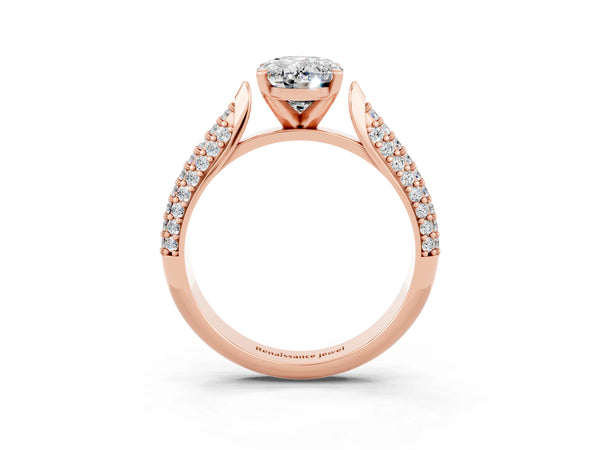 Rose gold Oval Cut Moissanite Solitaire Engagement Ring with Multi-Row Round Pavé Band and Prong Setting