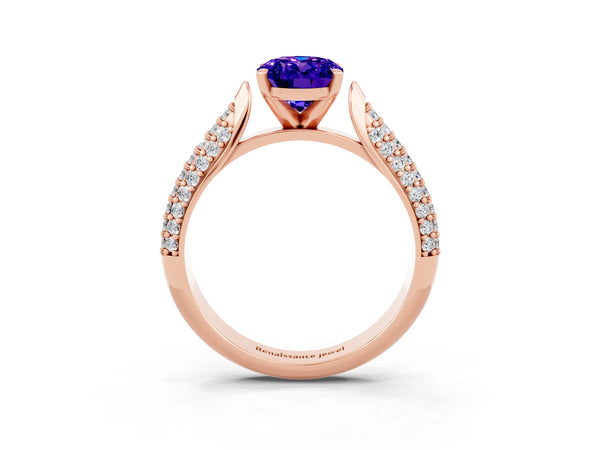 Rose gold Oval Cut Tanzanite Solitaire Engagement Ring with Multi-Row Round Pavé Band and Prong Setting