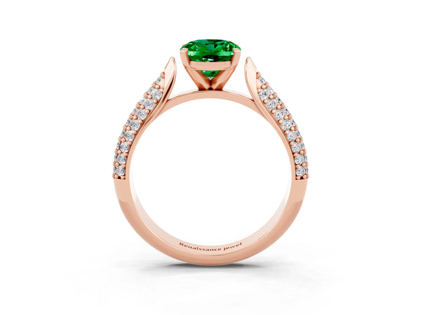 Rose gold Oval Cut Emerald Solitaire Engagement Ring with Multi-Row Round Pavé Band and Prong Setting
