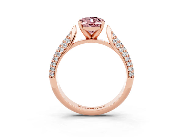 Rose gold Oval Cut Diamond Solitaire Engagement Ring with Pavé Band and Four-Prong Setting