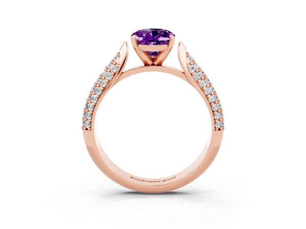 Rose gold Oval Cut Amethyst Solitaire Engagement Ring with Multi-Row Round Pavé Band and Prong Setting