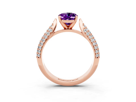 Rose gold Oval Cut Diamond Solitaire Engagement Ring with Pavé Band and Four-Prong Setting_3