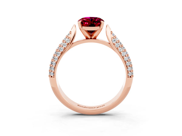 Rose gold Oval Cut Garnet Solitaire Engagement Ring with Multi-Row Round Pavé Band and Prong Setting