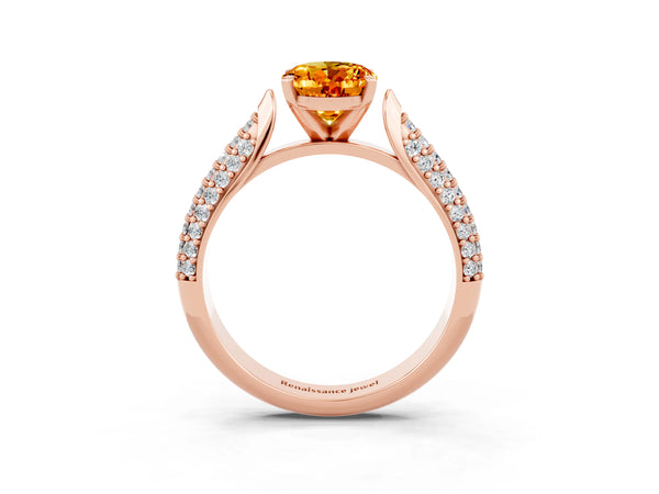 Rose gold Oval Cut Citrine Solitaire Engagement Ring with Multi-Row Round Pavé Band and Prong Setting