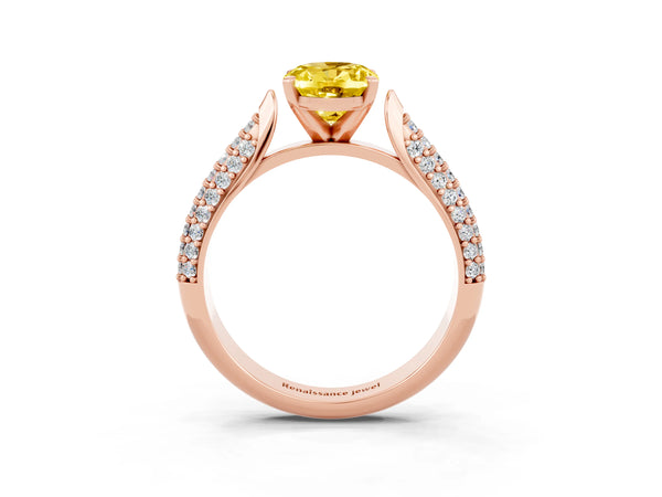 Rose gold Oval Cut Yellow Sapphire Solitaire Engagement Ring with Multi-Row Round Pavé Band and Prong Setting
