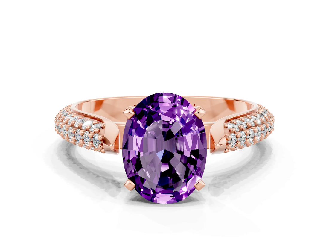 Rose gold Oval Cut Diamond Solitaire Engagement Ring with Pavé Band and Four-Prong Setting