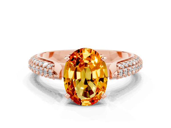 Rose gold Oval Cut Citrine Solitaire Engagement Ring with Multi-Row Round Pavé Band and Prong Setting