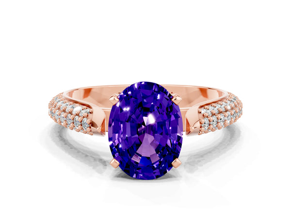 Rose gold Oval Cut Tanzanite Solitaire Engagement Ring with Multi-Row Round Pavé Band and Prong Setting