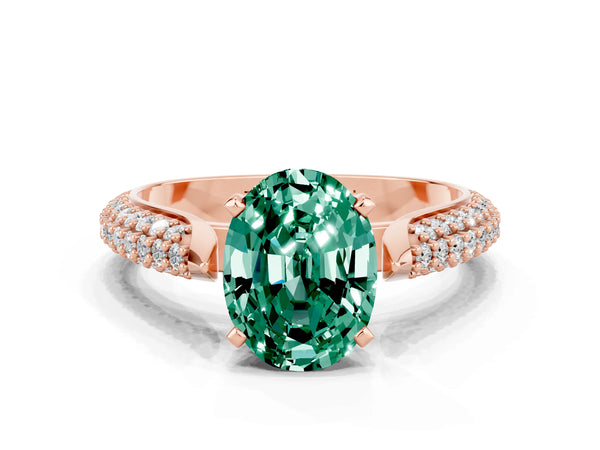 Rose gold Oval Cut Green Sapphire Solitaire Engagement Ring with Multi-Row Round Pavé Band and Prong Setting