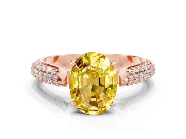 Rose gold Oval Cut Yellow Sapphire Solitaire Engagement Ring with Multi-Row Round Pavé Band and Prong Setting