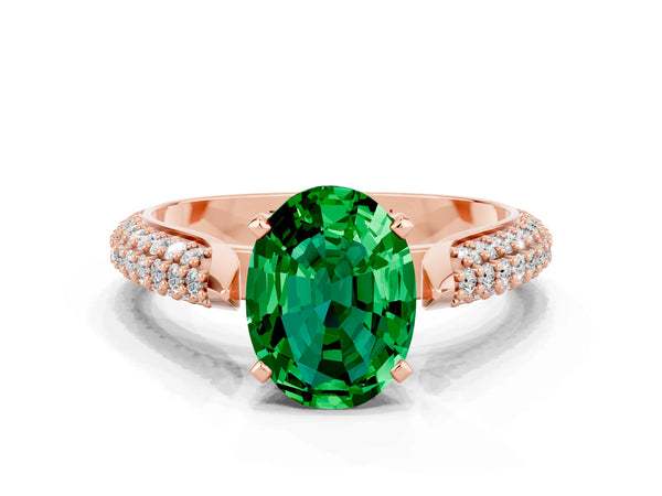 Rose gold Oval Cut Emerald Solitaire Engagement Ring with Multi-Row Round Pavé Band and Prong Setting