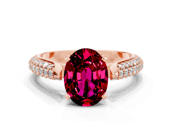 Rose gold Oval Cut Garnet Solitaire Engagement Ring with Multi-Row Round Pavé Band and Prong Setting