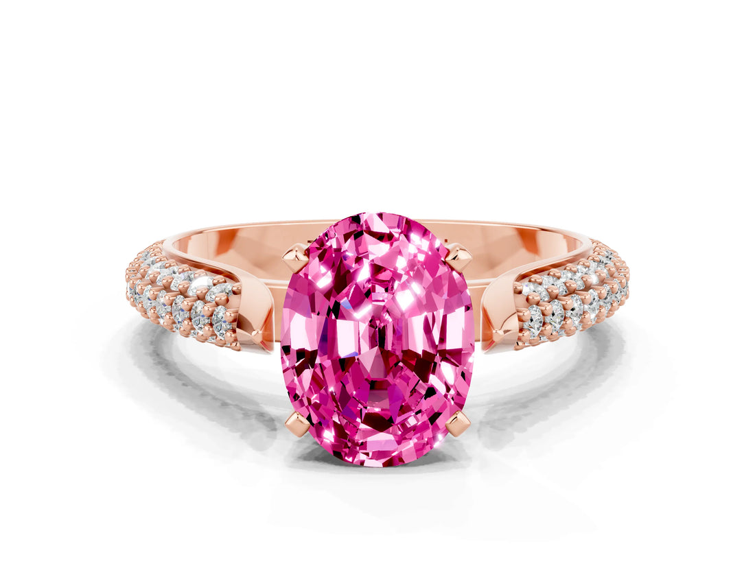 Rose gold Oval Cut Diamond Solitaire Engagement Ring with Pavé Band and Four-Prong Setting