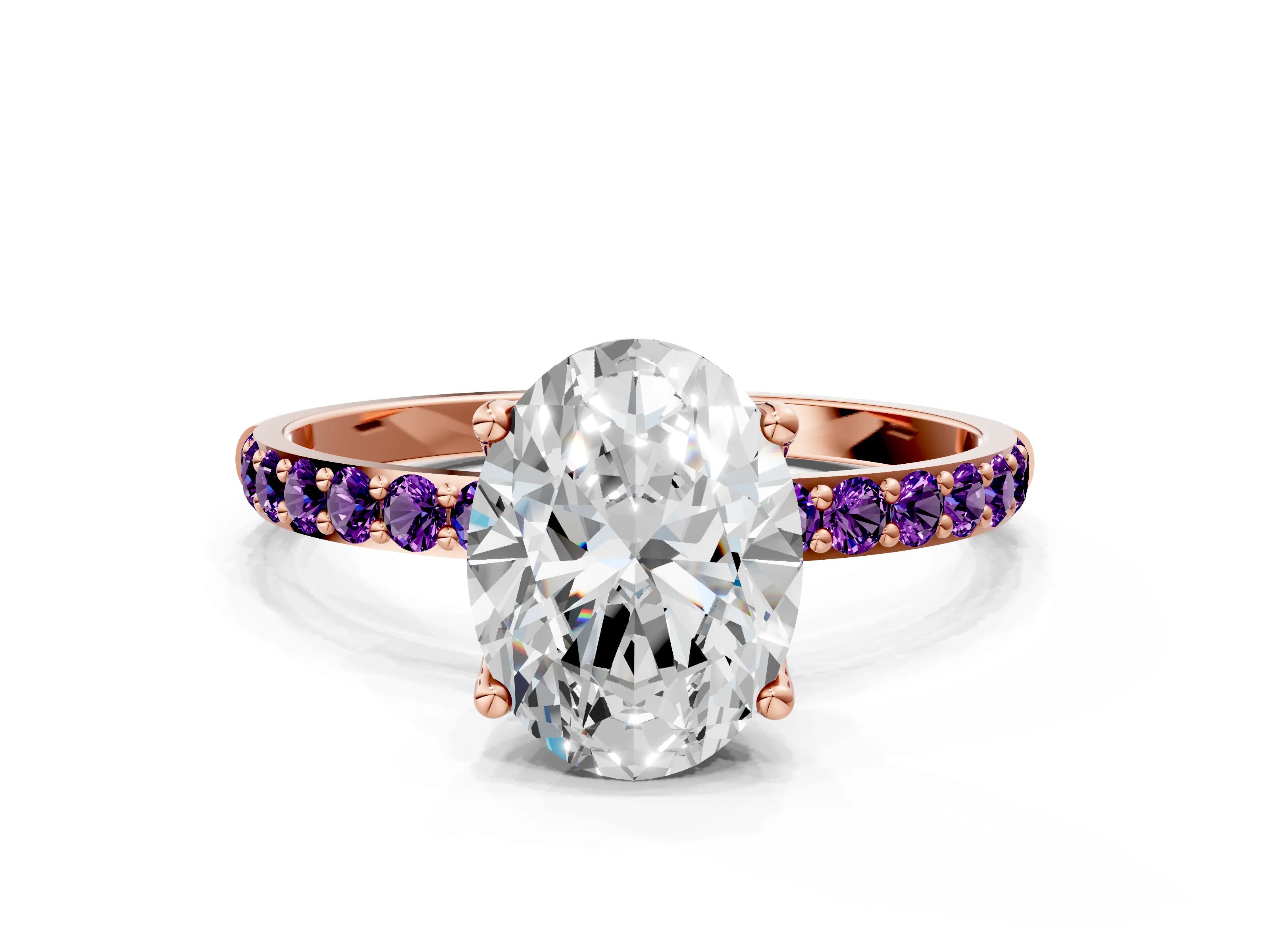 Rose gold Oval Cut Diamond Solitaire Engagement Ring with Round with Amethyst side stone Pavé Band and Prong Setting