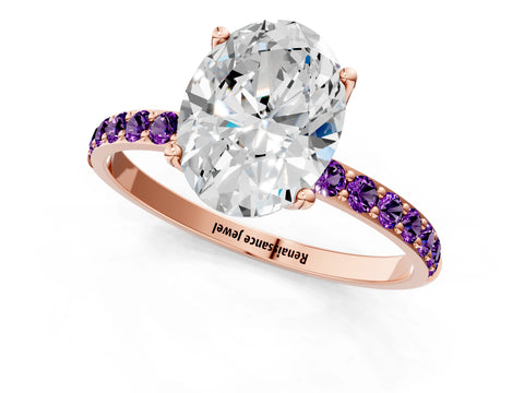 Rose gold Oval Cut Diamond Solitaire Engagement Ring with Round with Amethyst side stone Pavé Band and Prong Setting_1