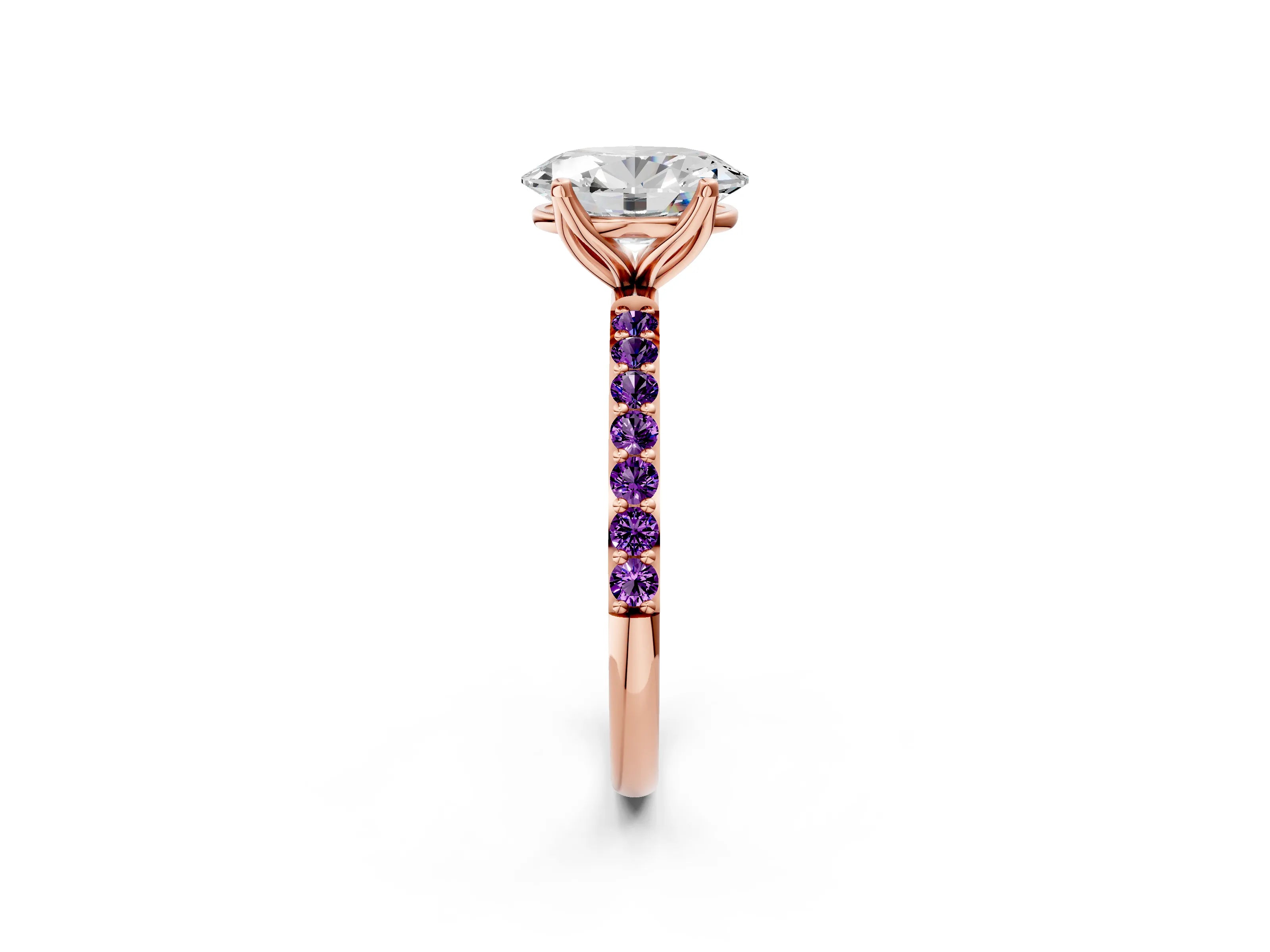 Rose gold Oval Cut Diamond Solitaire Engagement Ring with Round with Amethyst side stone Pavé Band and Prong Setting_2