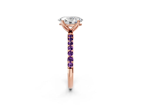 Rose gold Oval Cut Diamond Solitaire Engagement Ring with Round with Amethyst side stone Pavé Band and Prong Setting_2