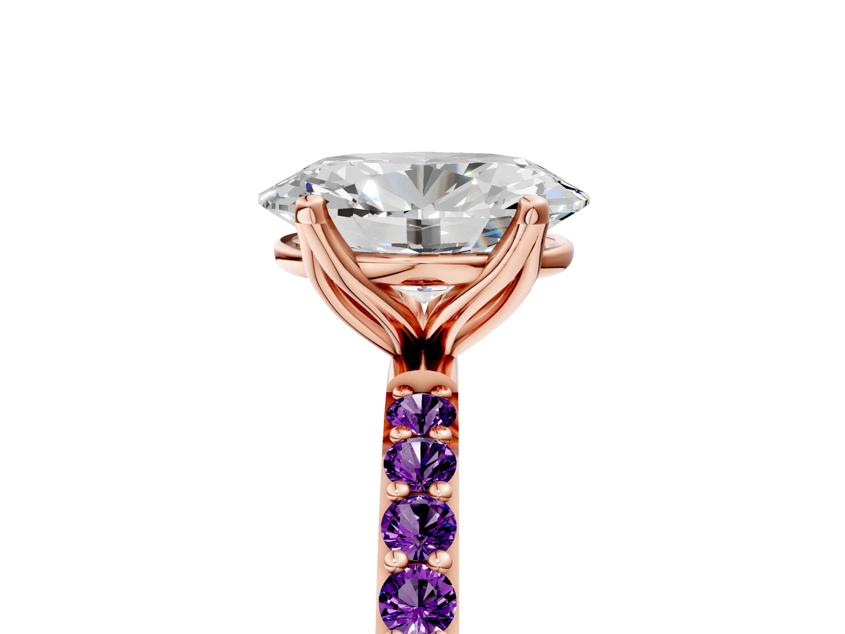 Rose gold Oval Cut Diamond Solitaire Engagement Ring with Round with Amethyst side stone Pavé Band and Prong Setting_5