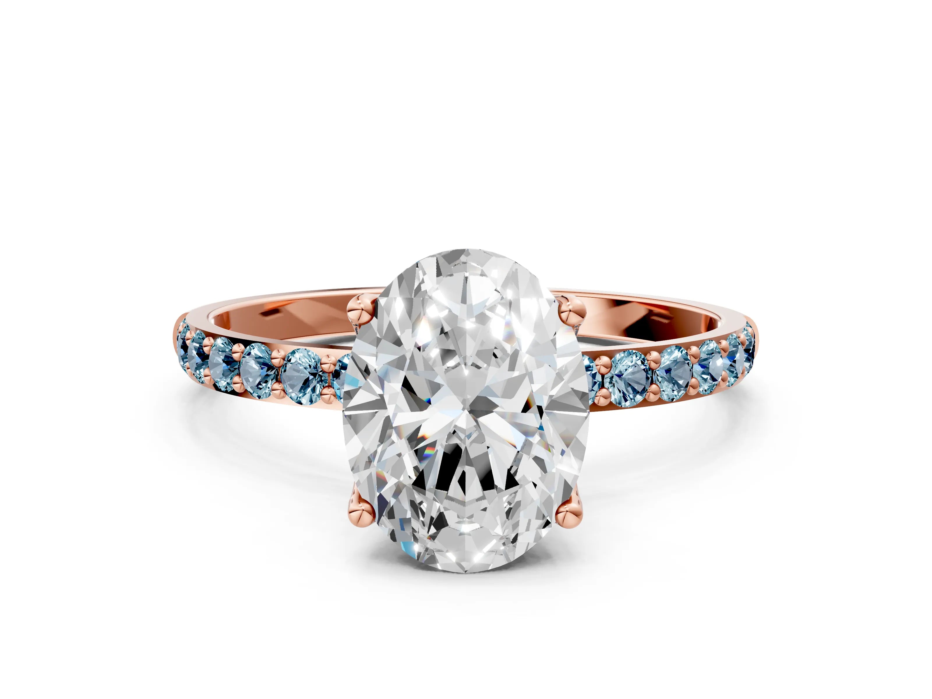 Rose gold Oval Cut Diamond Solitaire Engagement Ring with Round with Aquamarine side stone Pavé Band and Prong Setting
