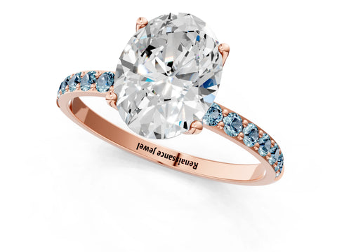 Rose gold Oval Cut Diamond Solitaire Engagement Ring with Round with Aquamarine side stone Pavé Band and Prong Setting_1