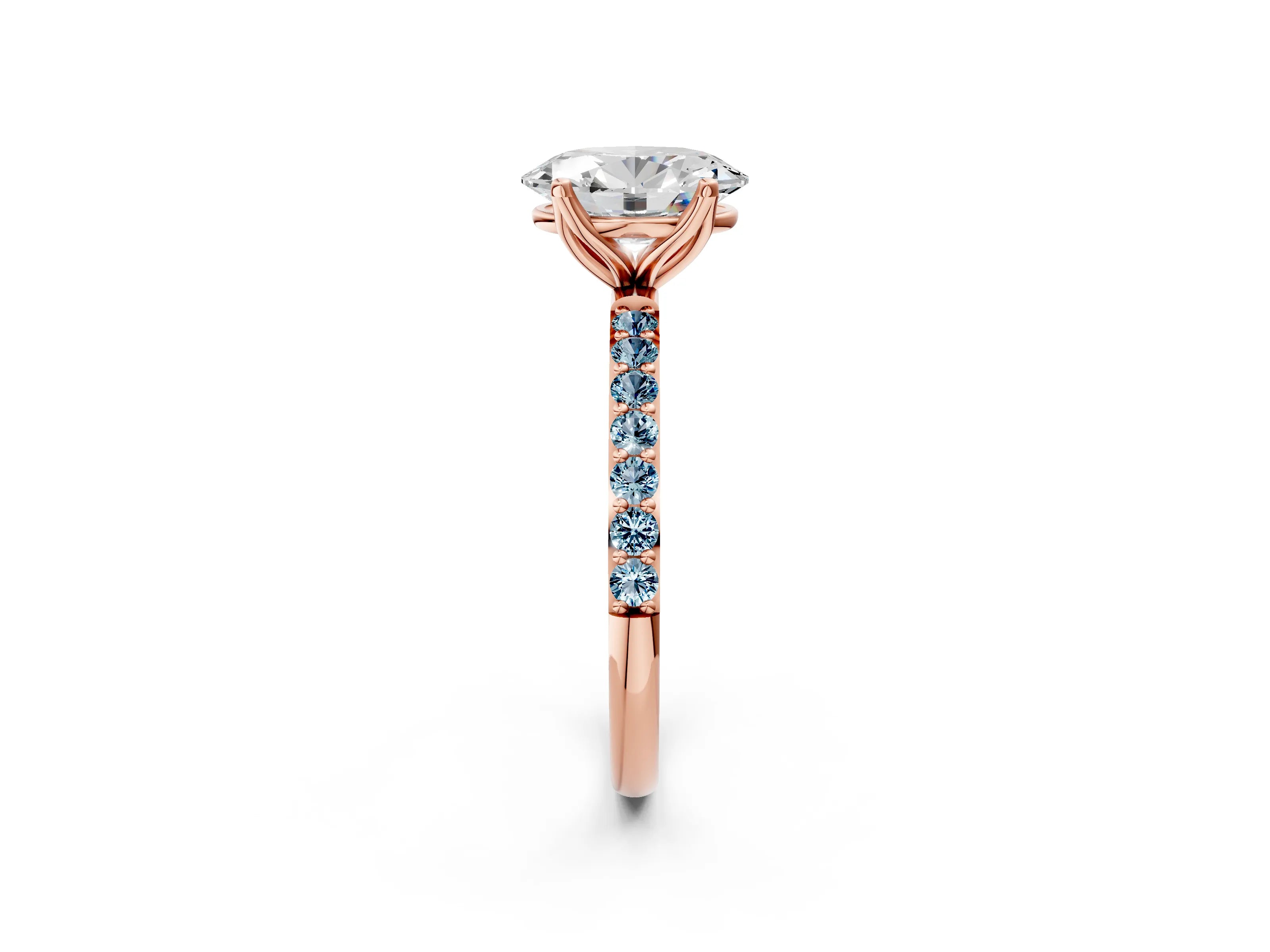 Rose gold Oval Cut Diamond Solitaire Engagement Ring with Round with Aquamarine side stone Pavé Band and Prong Setting_2