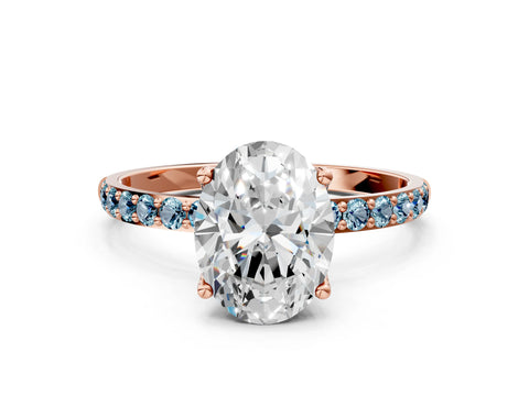 Rose gold Oval Cut Diamond Solitaire Engagement Ring with Round with Aquamarine side stone Pavé Band and Prong Setting