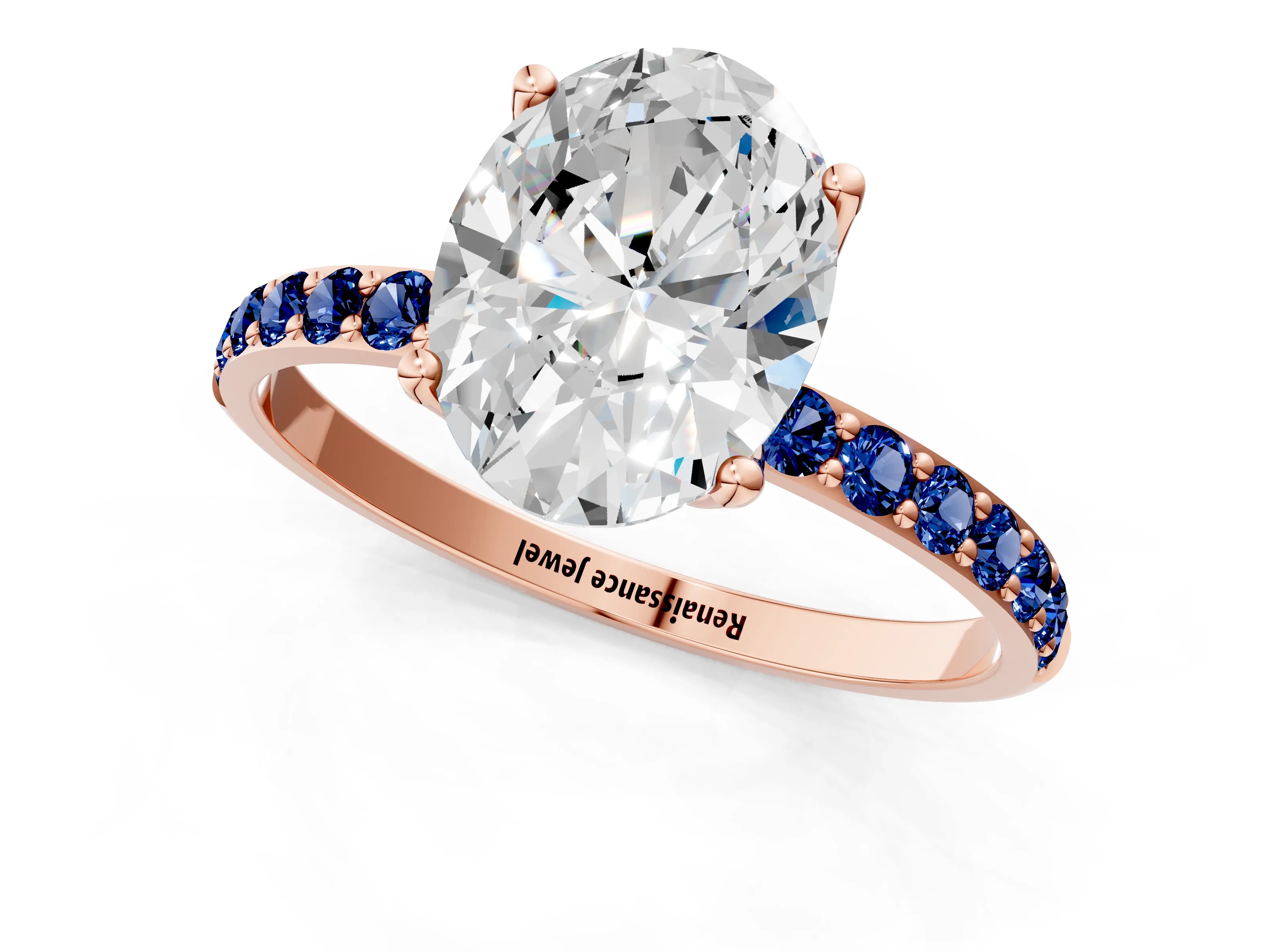 Rose gold Oval Cut Diamond Solitaire Engagement Ring with Round with Blue Sapphire side stone Pavé Band and Prong Setting_1