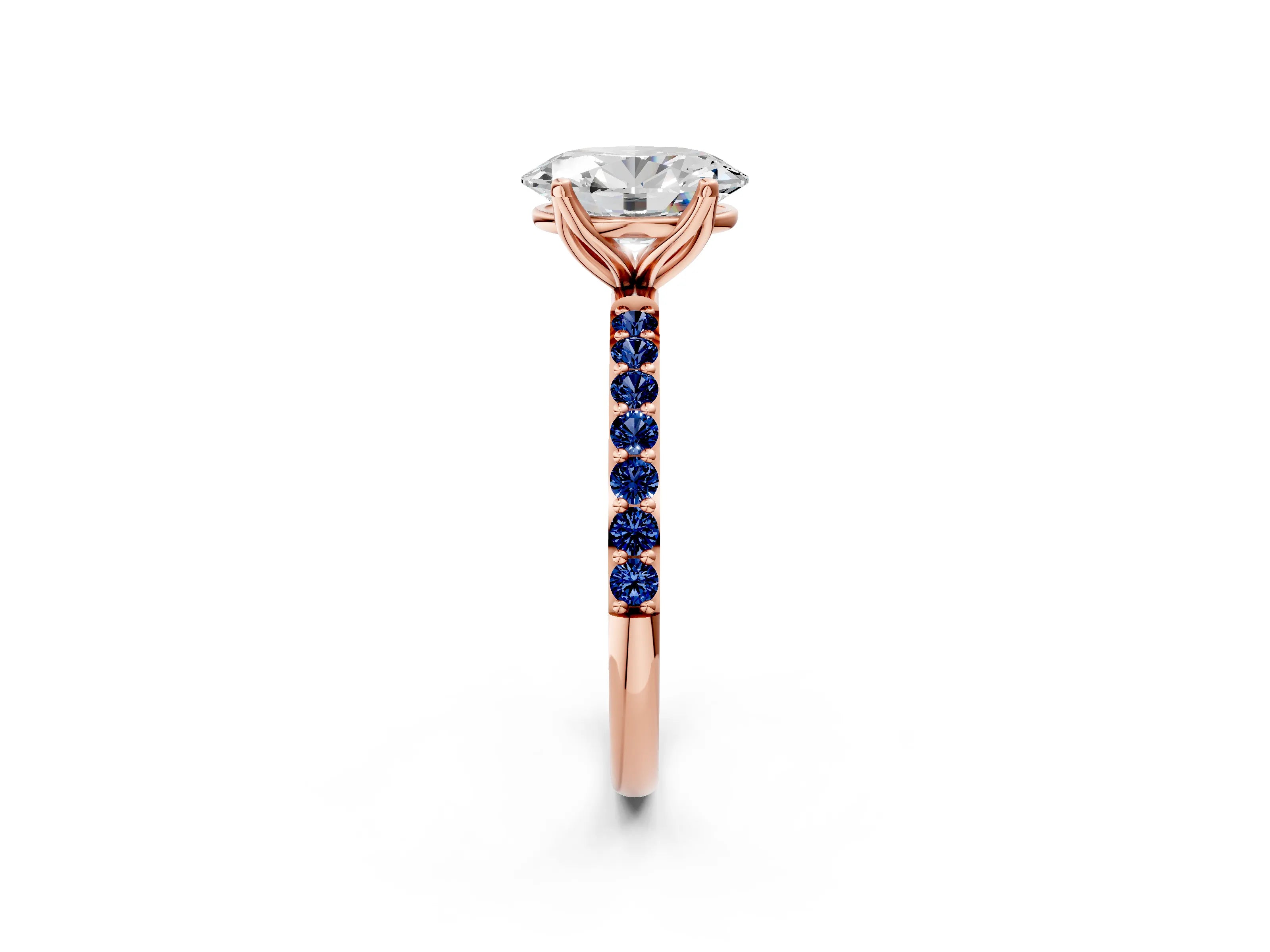 Rose gold Oval Cut Diamond Solitaire Engagement Ring with Round with Blue Sapphire side stone Pavé Band and Prong Setting_2