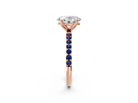 Rose gold Oval Cut Diamond Solitaire Engagement Ring with Round with Blue Sapphire side stone Pavé Band and Prong Setting_2