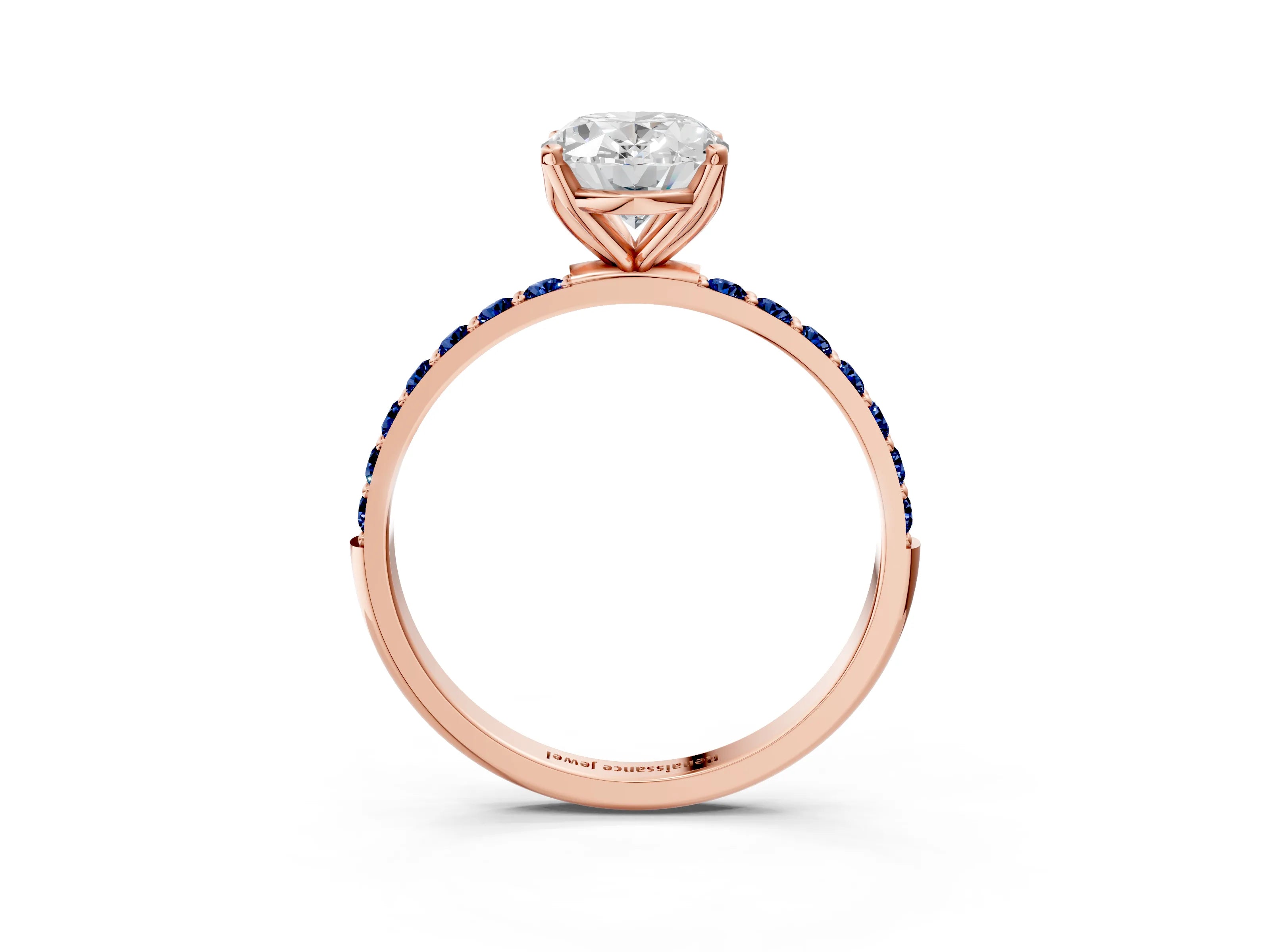 Rose gold Oval Cut Diamond Solitaire Engagement Ring with Round with Blue Sapphire side stone Pavé Band and Prong Setting_3