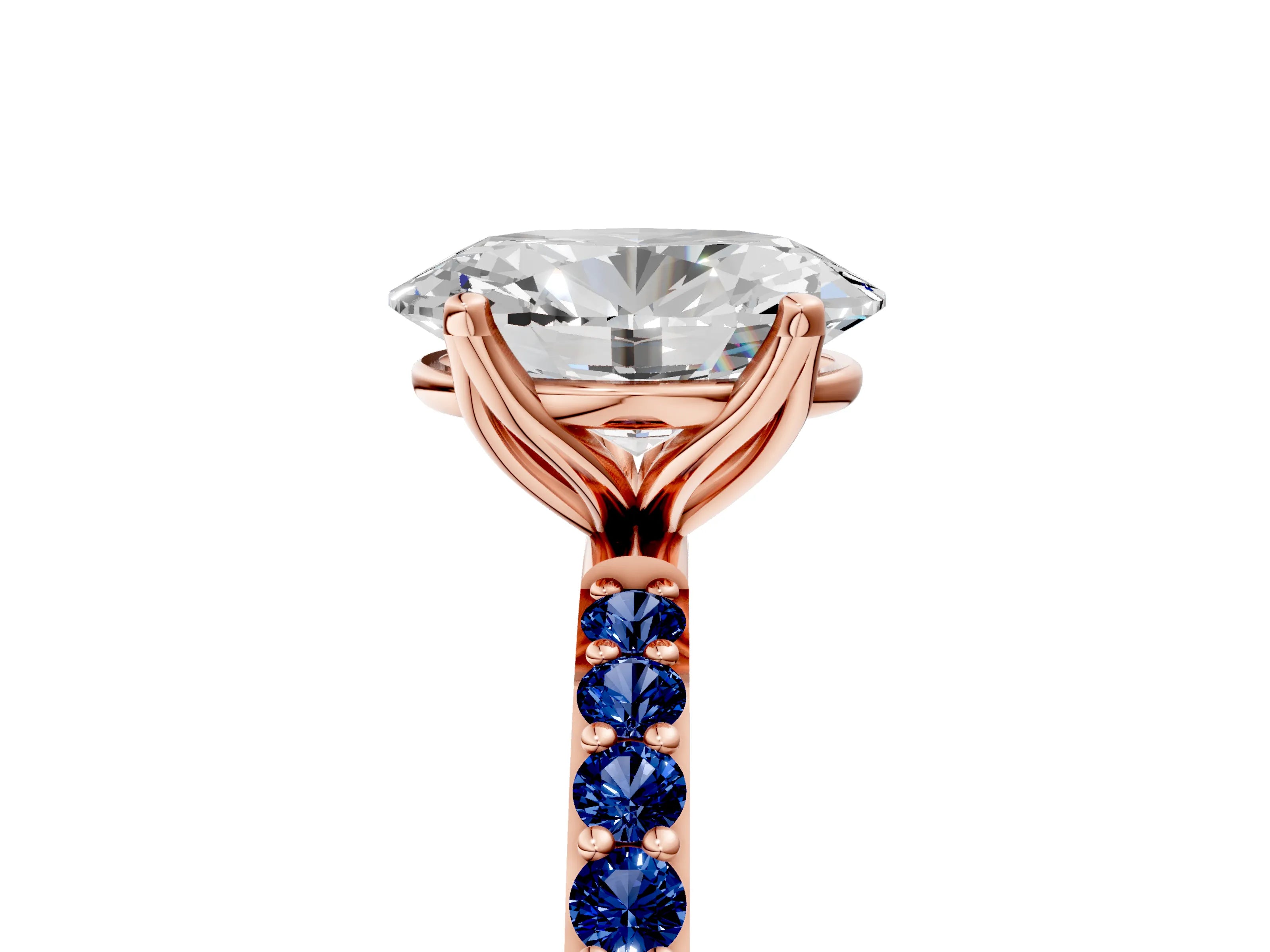 Rose gold Oval Cut Diamond Solitaire Engagement Ring with Round with Blue Sapphire side stone Pavé Band and Prong Setting_5