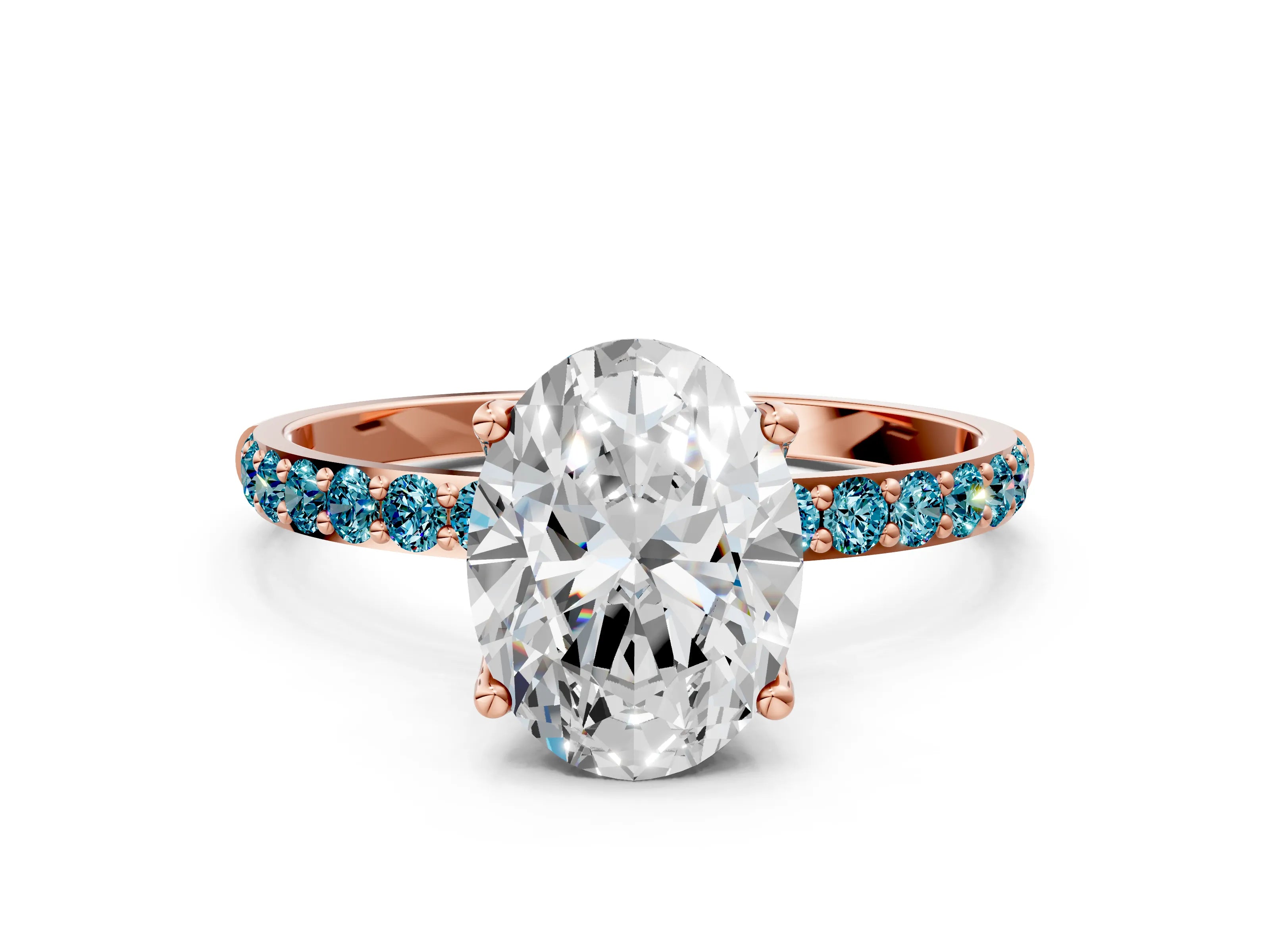 Rose gold Oval Cut Diamond Solitaire Engagement Ring with Round with Blue Topaz side stone Pavé Band and Prong Setting