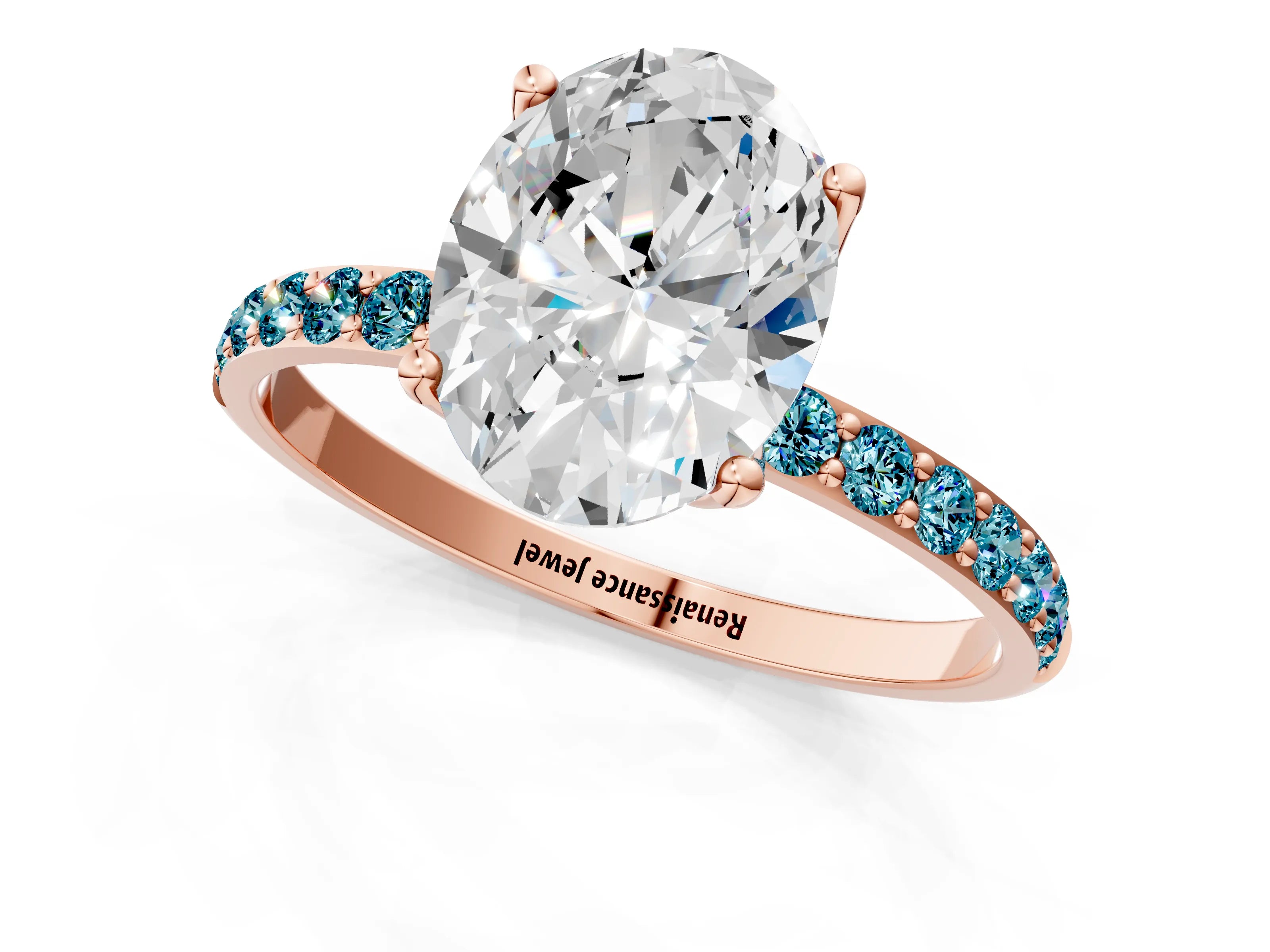 Rose gold Oval Cut Diamond Solitaire Engagement Ring with Round with Blue Topaz side stone Pavé Band and Prong Setting_1
