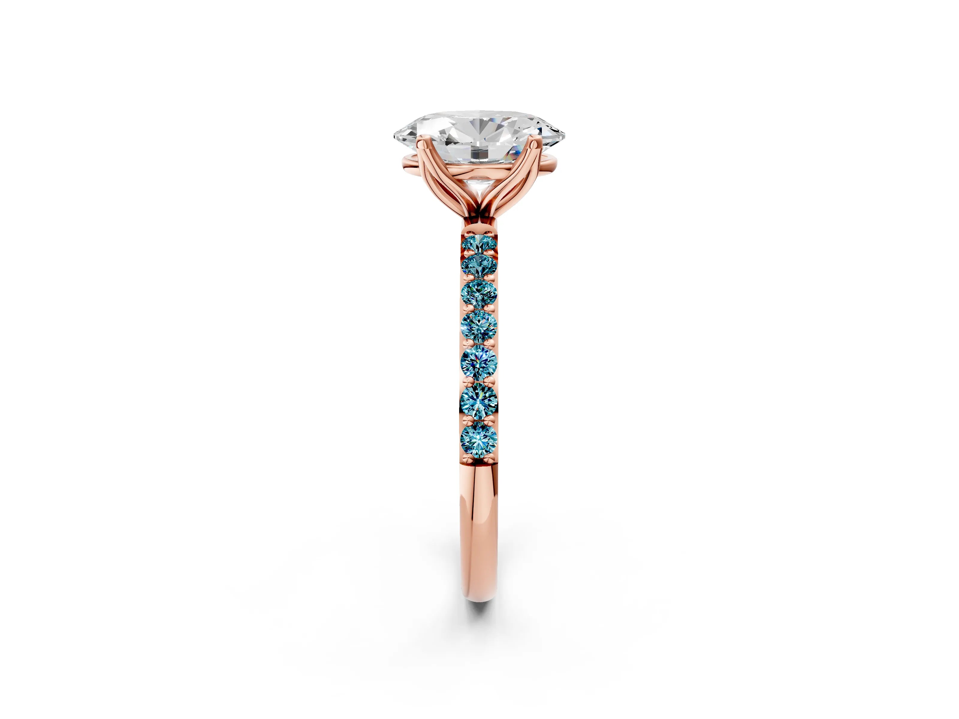 Rose gold Oval Cut Diamond Solitaire Engagement Ring with Round with Blue Topaz side stone Pavé Band and Prong Setting_2