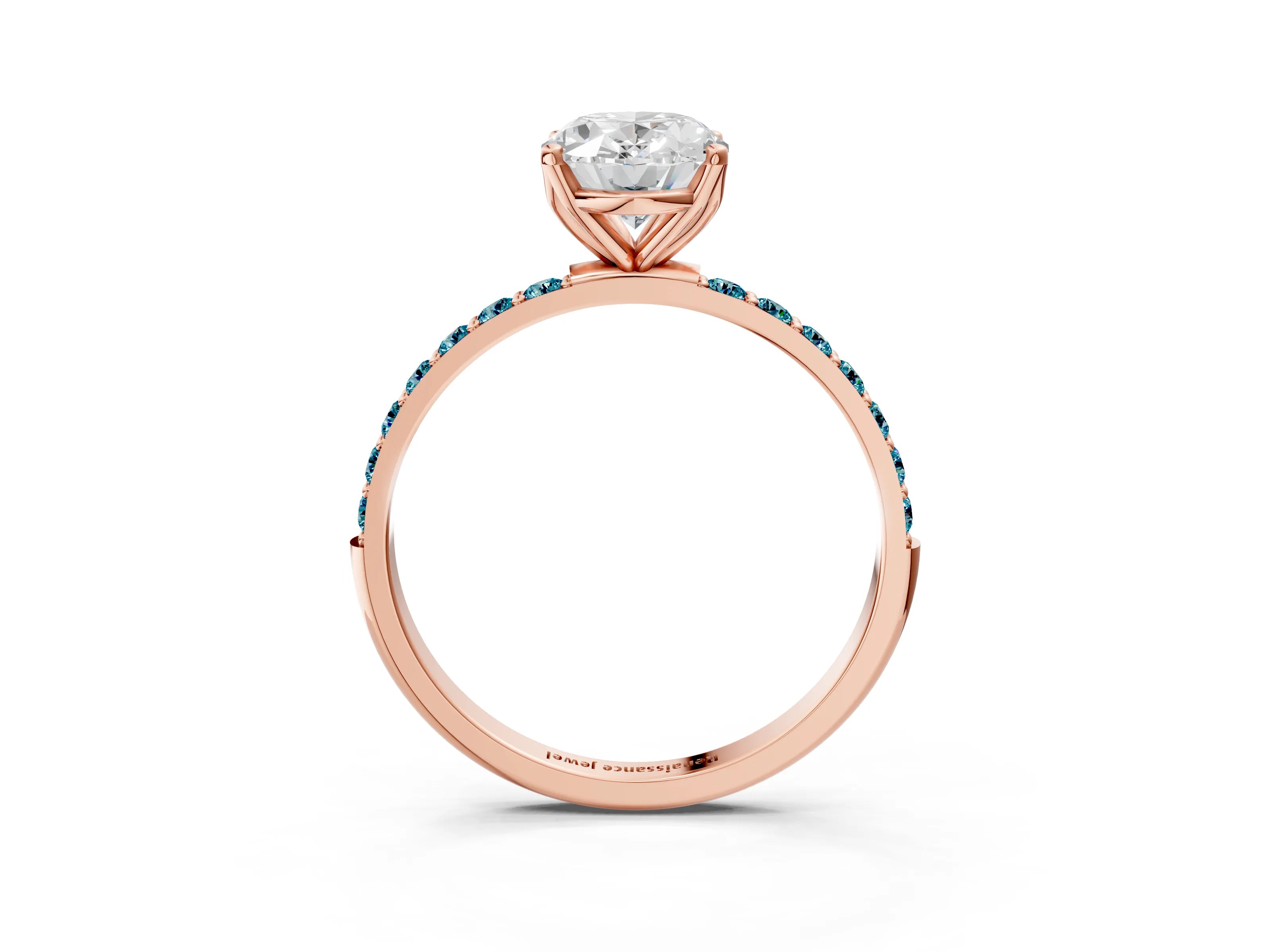 Rose gold Oval Cut Diamond Solitaire Engagement Ring with Round with Blue Topaz side stone Pavé Band and Prong Setting_3